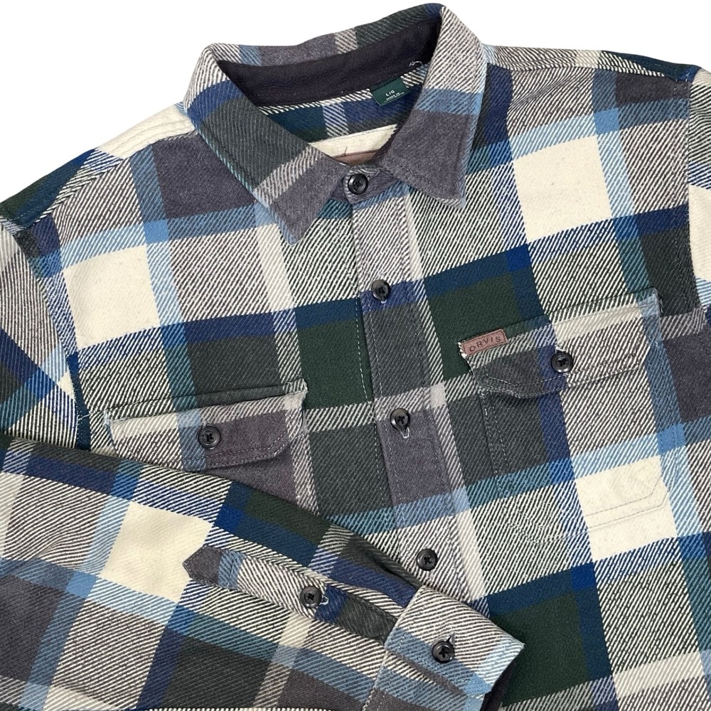 Orvis Plaid Flannel Shirt Jacket Men L Blue Green Heavyweight Button Down Cotton
